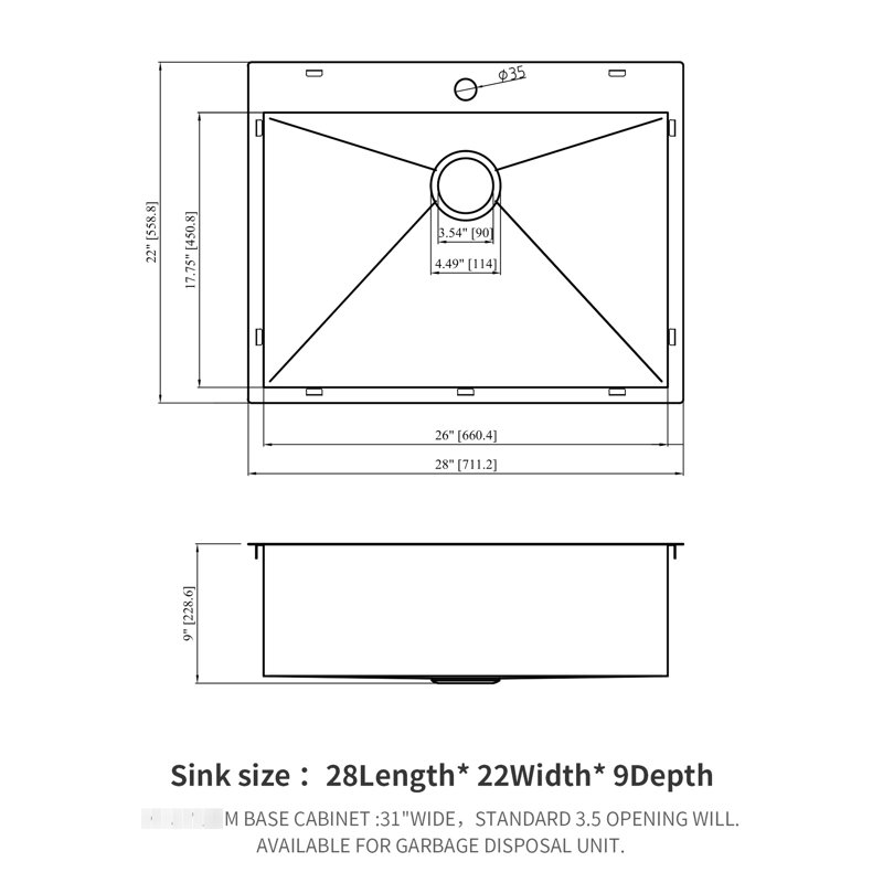 28"X22" Kitchen Sink Drop In Gunmetal Black - 18 Gauge Stainless Steel, , 3.5" Drain Opening, Easy Maintenance 28X22 High Strength, Water ,