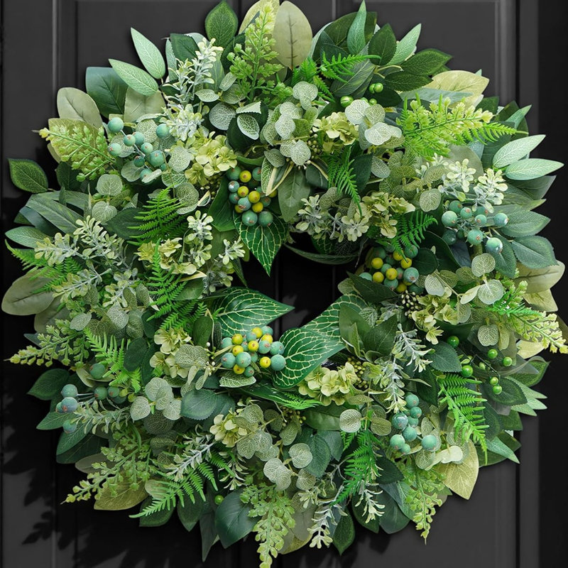Couronne de verdure eucalyptus - vert - couronne artificielle avec baies pour porte d'entrée, intérieur / extérieur, décoration de maison de campagne toutes saisons