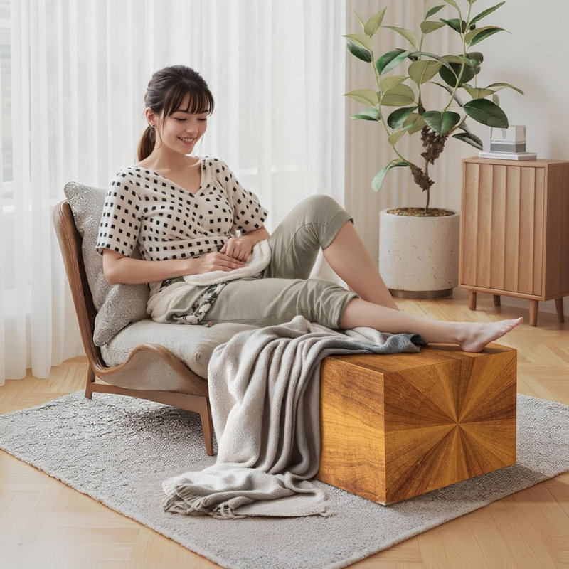 WOWMAX Pouf Ottoman Foot Stools Modern Ottoman Cube, 22"x22"x17" for Living Room Bed Room, Yellow Wood Grain Compression