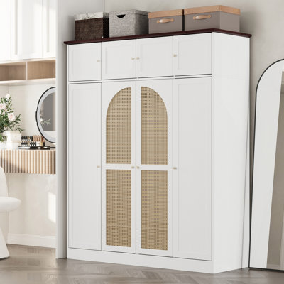 70.87"Tall 8-Door Large Capacity Armoire Wardrobe Closet with Hanging Rod, Adjustable Shelves and Rattan Decorative Doors