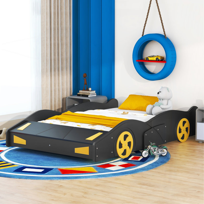 Full Size Race Car-Shaped Platform Bed With Wheels And Storage, Black+Yellow, Black, Full