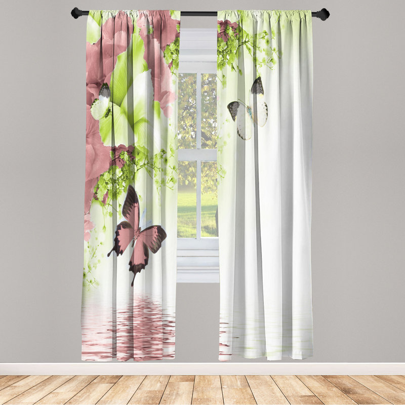 Microfiber Floral Semi-Sheer Rod Pocket Curtain Panels, 28" W x 84" L, Coral/Yellow Green
