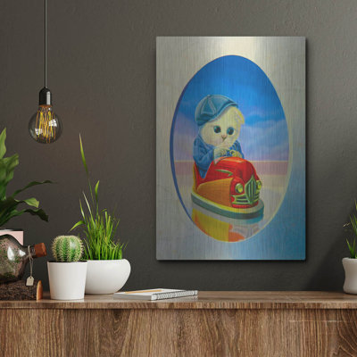 The Cat With The Bumper Car' by Valery Vecu Quitard, Metal Wall Art