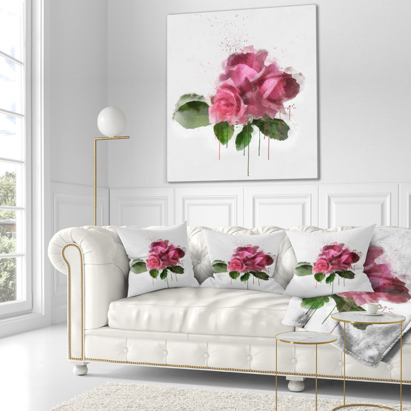 Bouquet de roses roses avec feuilles - coussin à imprimé floral, 18 po x 18 po, Coussin décoratif