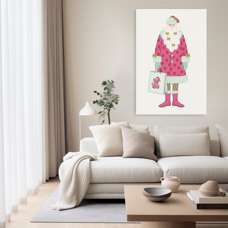 Art mural hivernal fantaisiste, père Noël rose, H 60 po x l 40 po