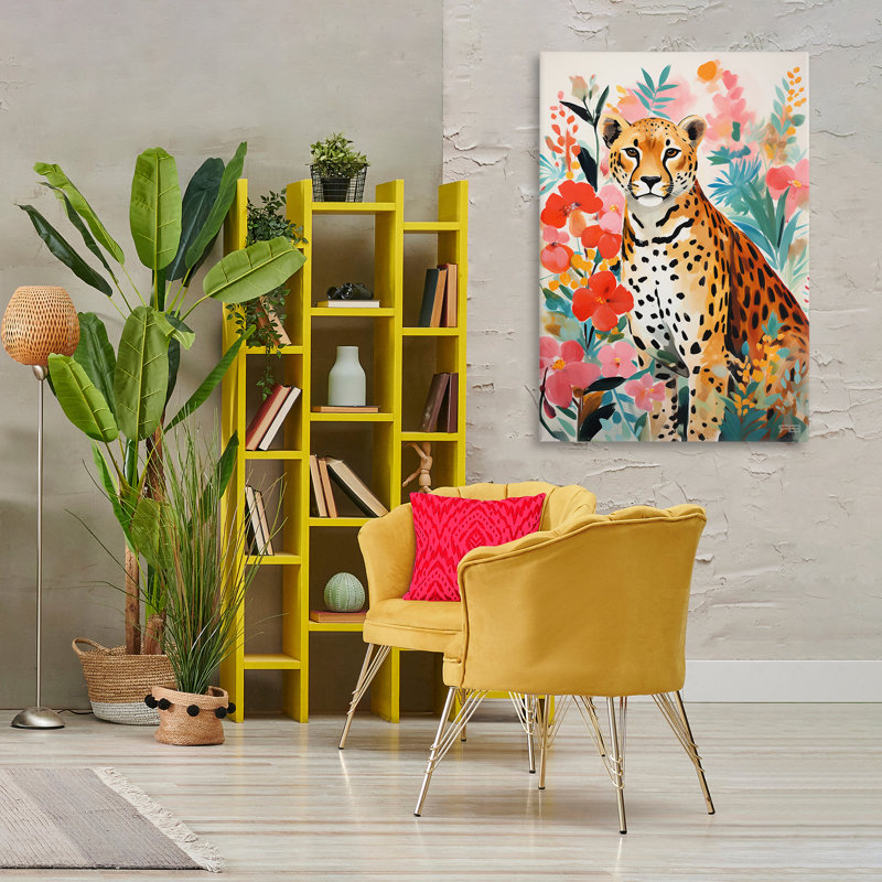 Art mural floral léopard sur toile par Roozbeh Bahramali, H 45 po x l 30 po