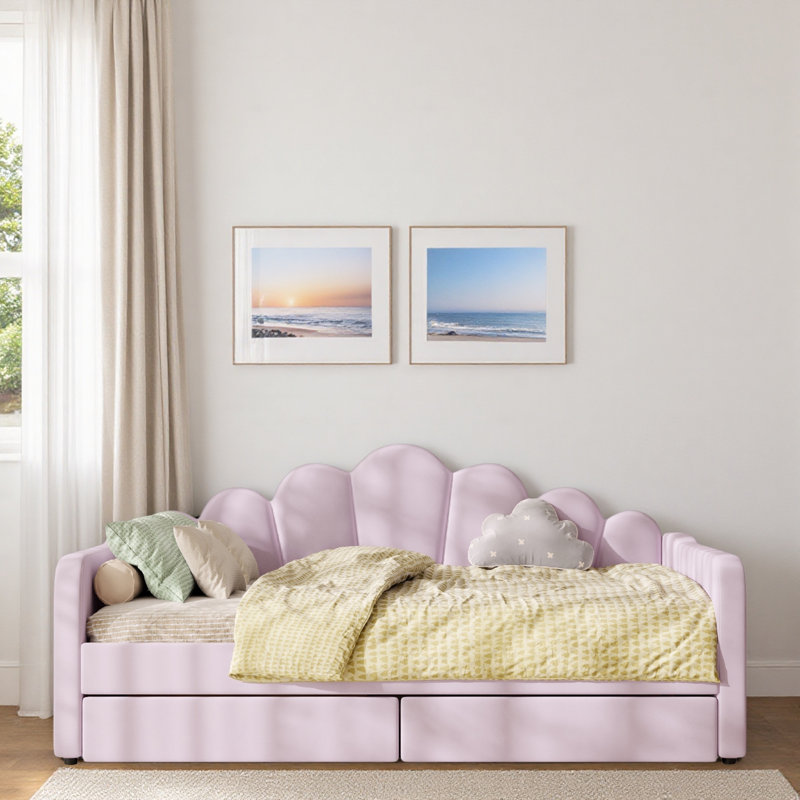 Lit de jour rembourré avec tête de lit et tiroirs en forme de coquillage, Pink