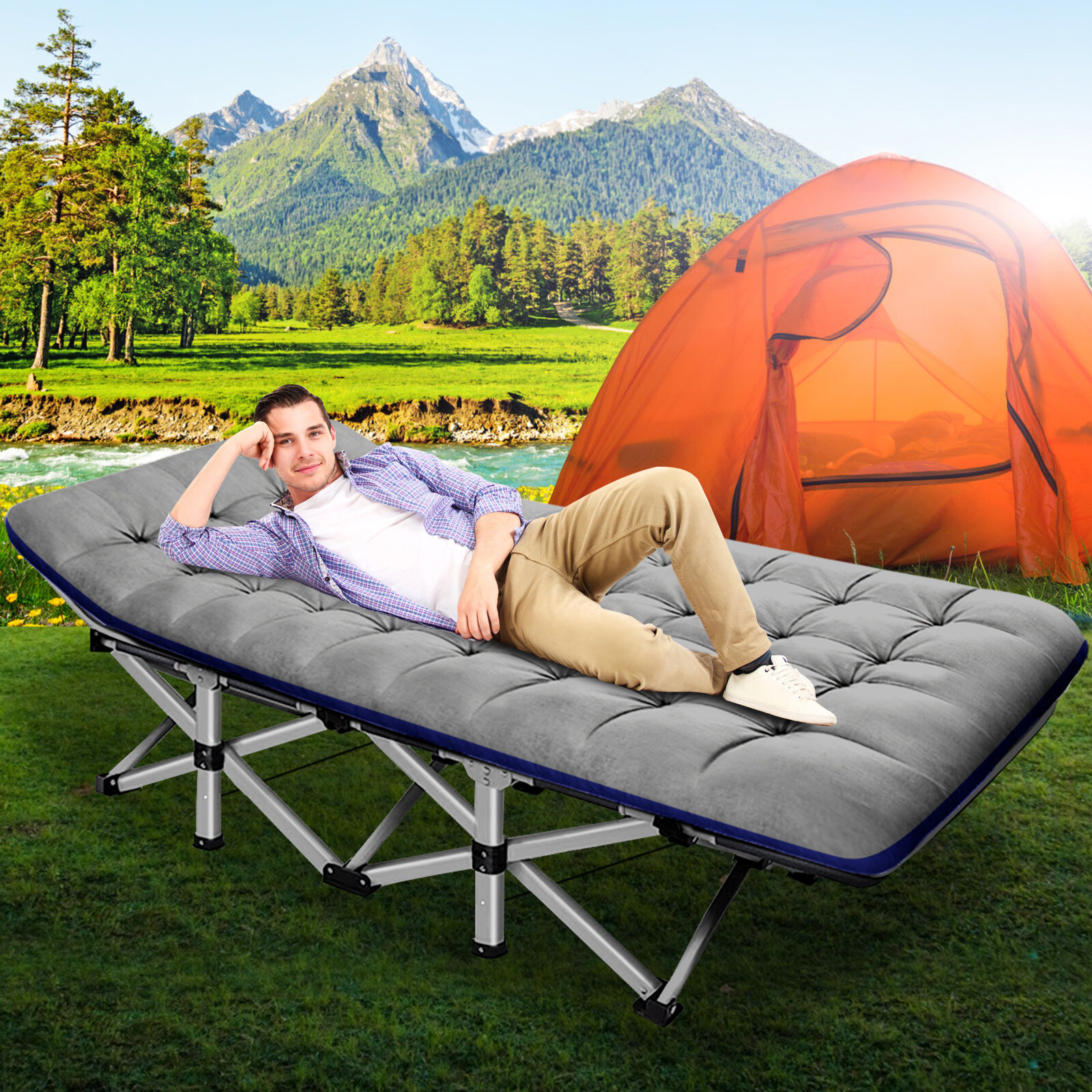 Outsunny All-in-One Folding Camping Cots for Adults, Elevated Tent