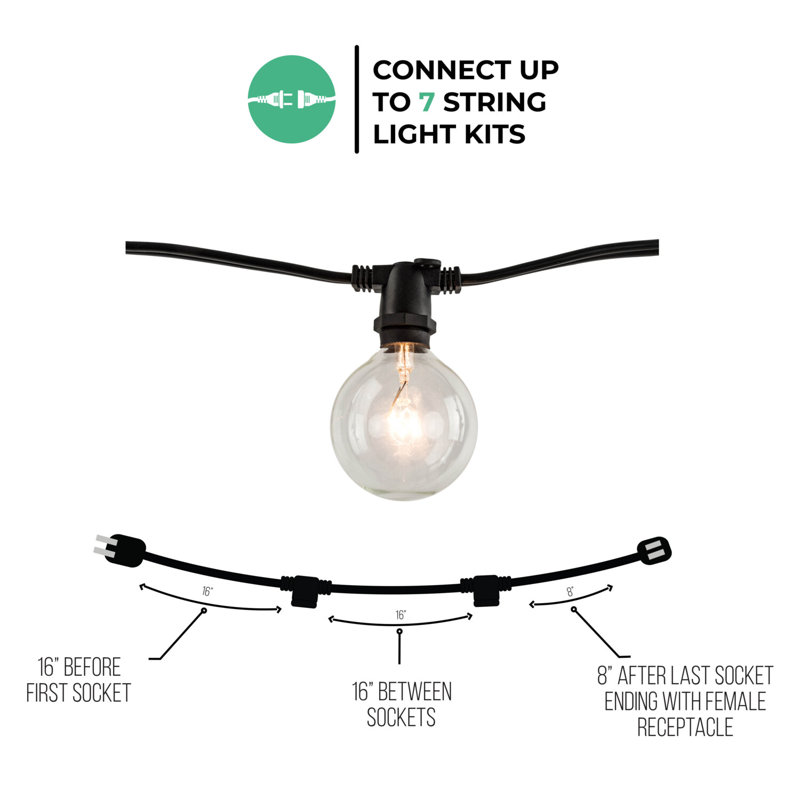 14-foot String Light Kit with Clear Incandescent Globe G16 Light Bulbs, 2-pk