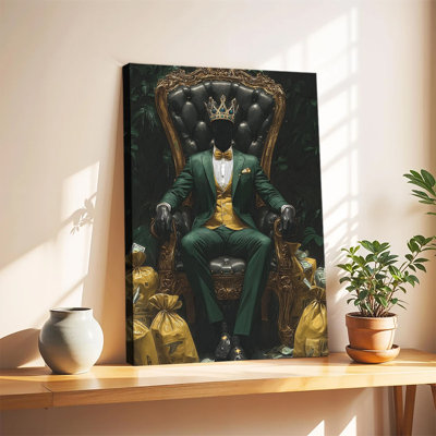 Roi sans visage sur un trône luxueux avec des sacs d'argent - Grande toile tendue sur châssis pour salon ou chambre