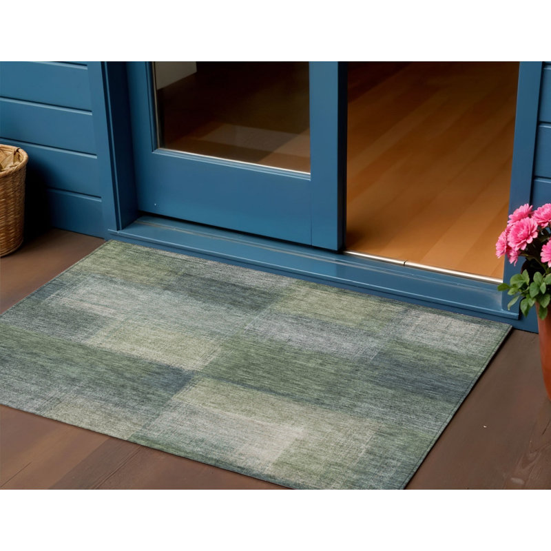 Tapis extérieur lavable abstrait vert olive et gris 3 pi x 5 pi