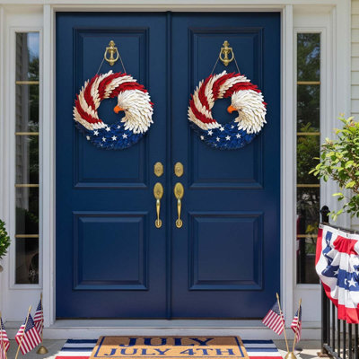 2PCS Patriotic Eagle Wreath Door Hanger. Unique 2D Flat Design. Red White & Blue Independence Day Decor. 4Th Of July & Memorial Day Tribute Gift. Outdoor Porch & Wall Art