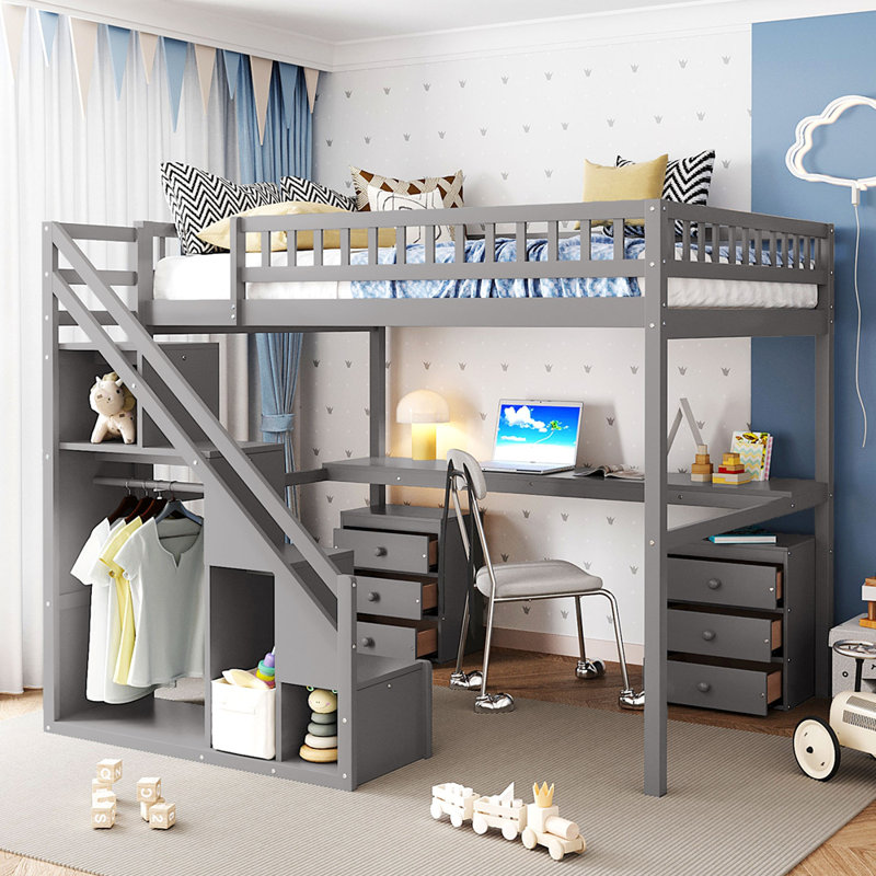 Lit mezzanine double avec commode, bureau et bande lumineuse, Gris, Lit double