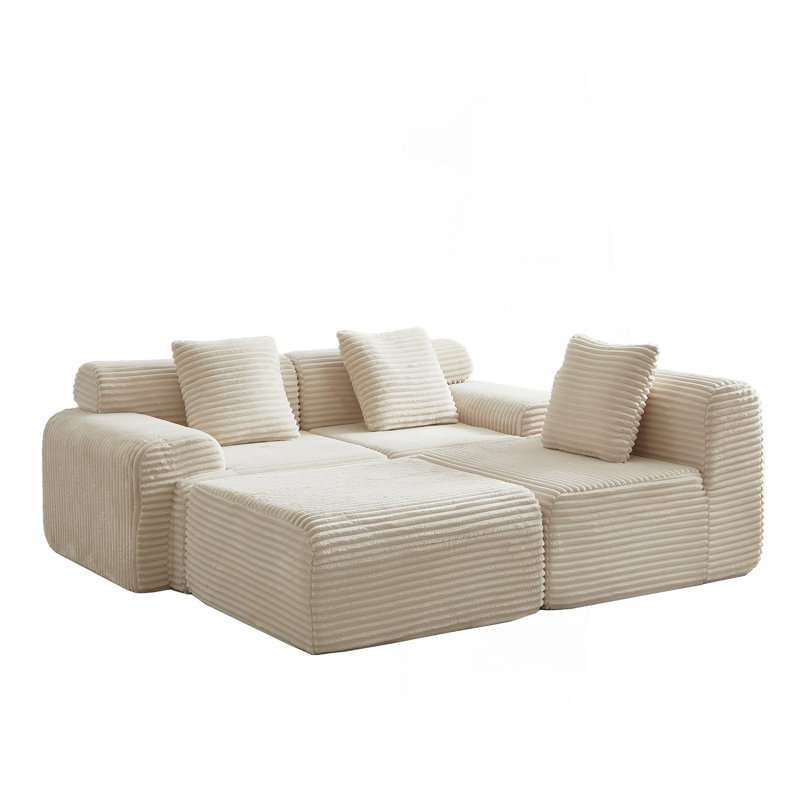114-Inch Corduroy Modular Sofa Boneless Couch, Featuring An Inlaid Structural Design, Three Throw Pillows, Wider Backrest Design And Four Freely Configurable Modules.