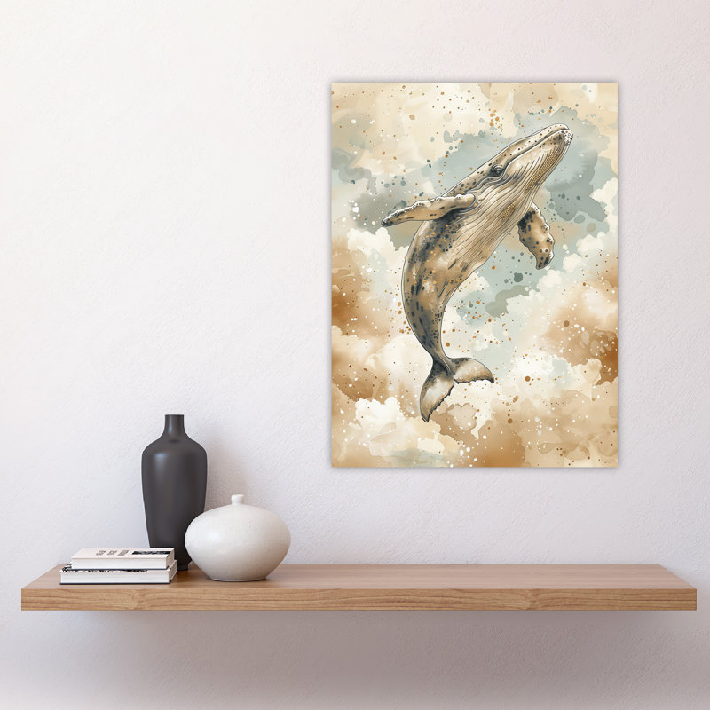 Wall Art Print Whale Cloud Jumping Swimming Tan Watercolour Poster