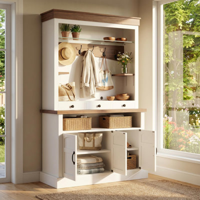 42" Coffee Bar Cabinet with LED Lights, Modern Kitchen Hutch with 4 Drawers & 6 Hooks, Large Storage Station for Dining Room, Black & Oak Finish