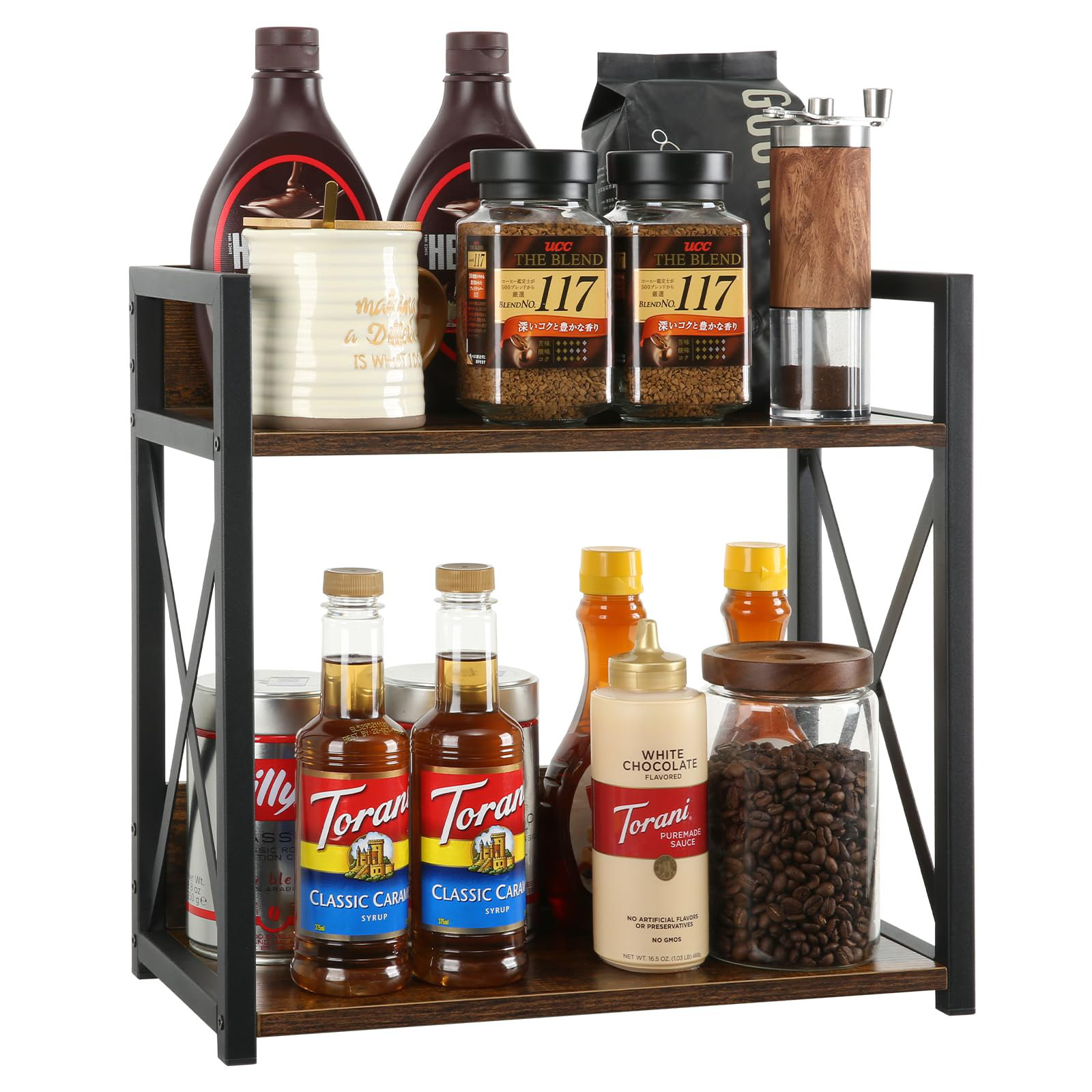 Rebrilliant Rustic Wood And Iron Large Spice Rack - Double-Layer Design ...