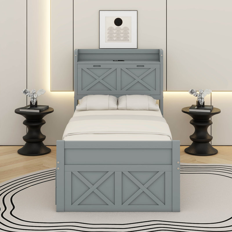 Lit simple en bois avec lit gigogne, Gris