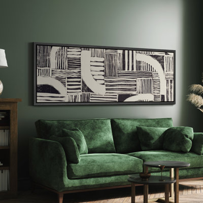 Geometric Line " Greenish Black Abstract Shapes Rustic Mid Century Modern Wall Decorations Extra Large Artwork Framed Print Pictures "