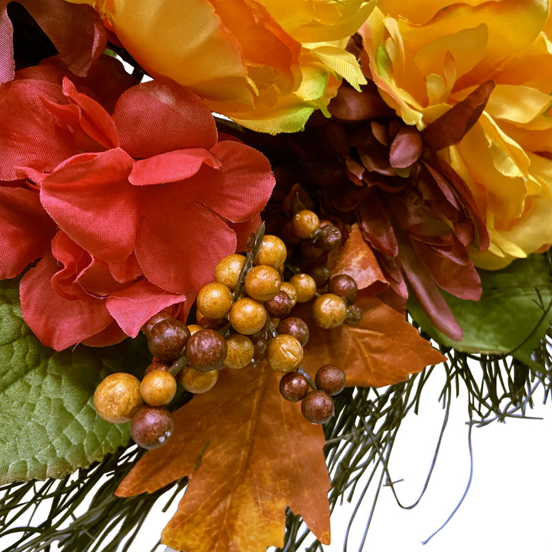 24" Autumn Harvest Artificial Floral Wreath with Feather Accents