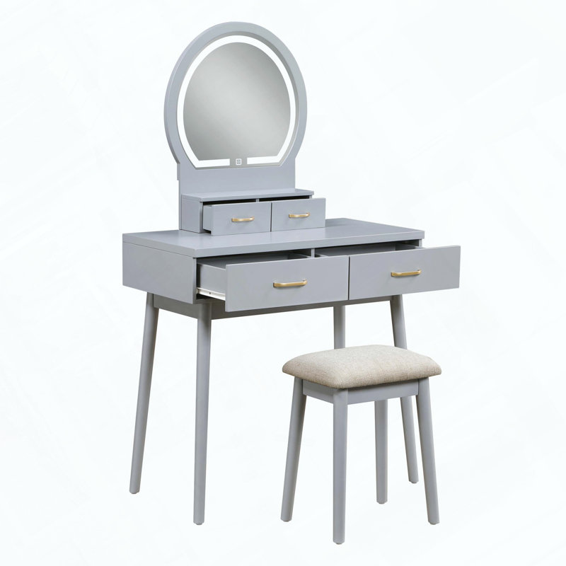 Gray Finish Vanity Dresser with LED Mirror, 4 Drawers and Stool, Gray