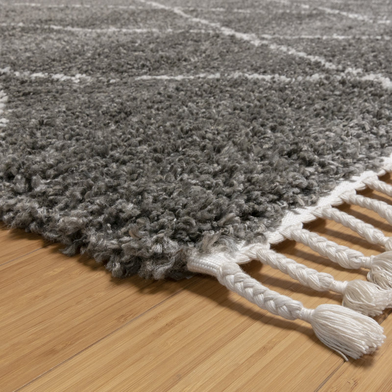 Tapis gris foncé / ivoire à motif géométrique moderne de losanges avec frange Marleigha, Rectangle 5 pi 3 po x 7 pi 5 po