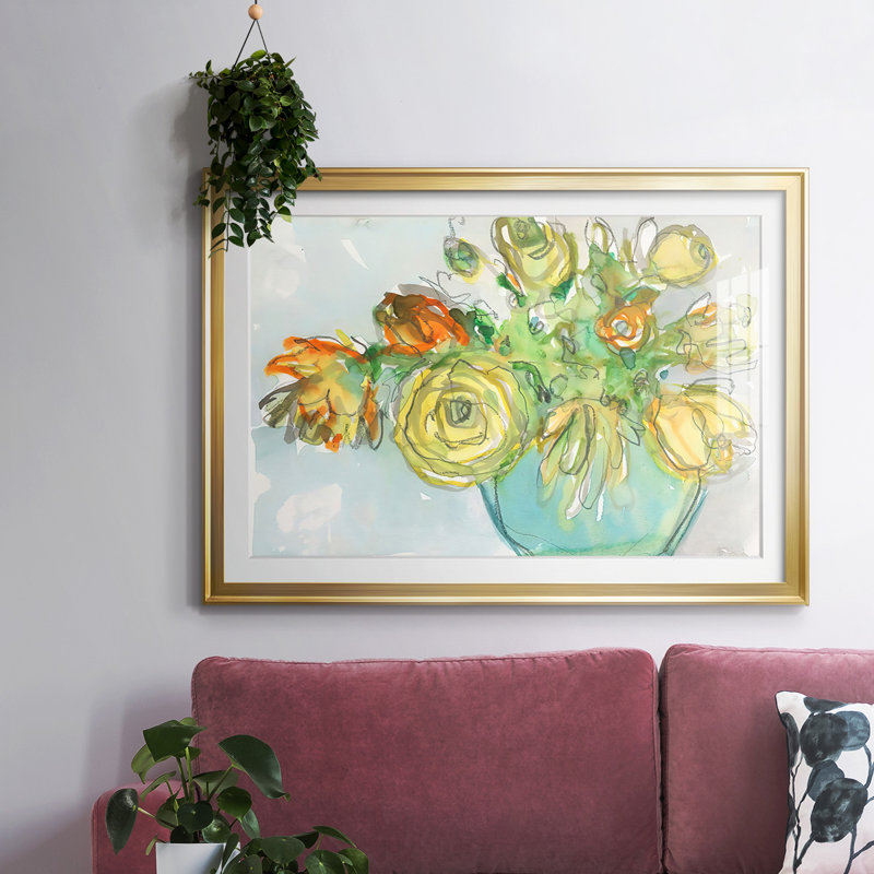 Impression florale printanière avec cadre en I et verre biseauté mat, Or, H 27 po x l 39 po x P 1,5 po