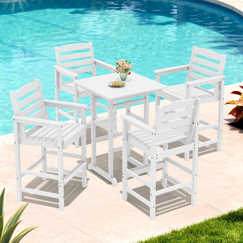 5 Piece Patio Bar Set Black, 1 Table, 4 Chair, White