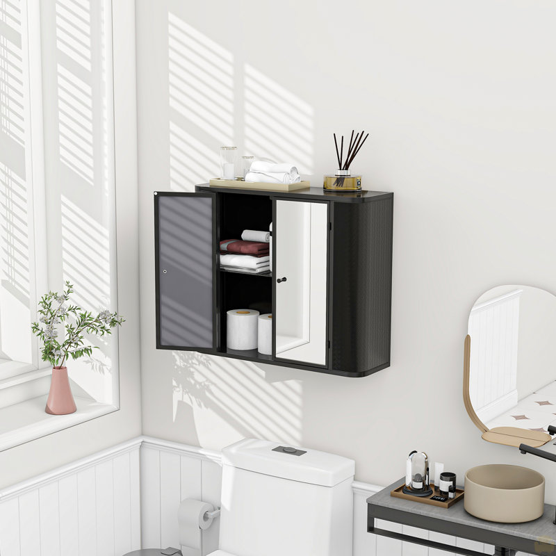 Armoire de salle de bain murale avec miroir, 2 portes en miroir et tablette ouverte, armoire de rangement Farmhouse