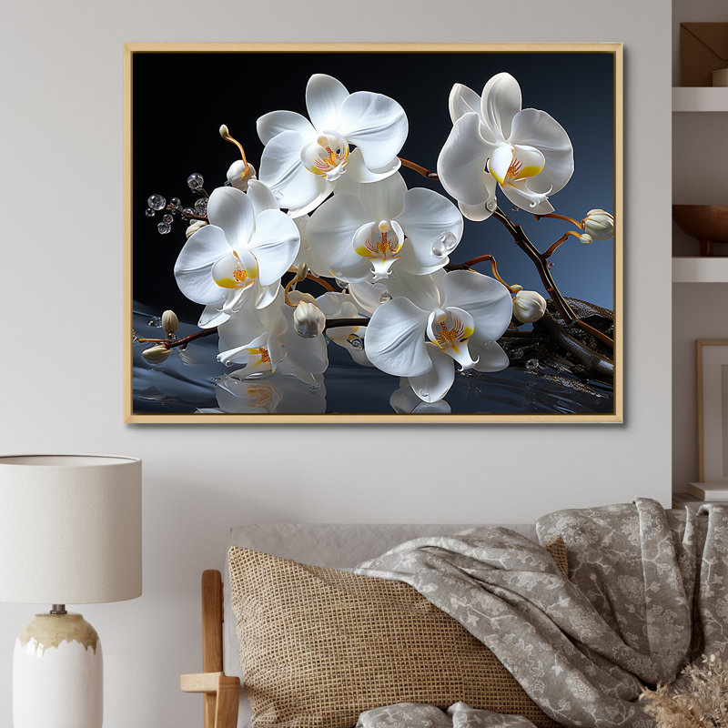 Orchidées blanches et jaunes de sérénité sur toile, Cadre flottant naturel, H 24 po x l 32 po x P 1 po