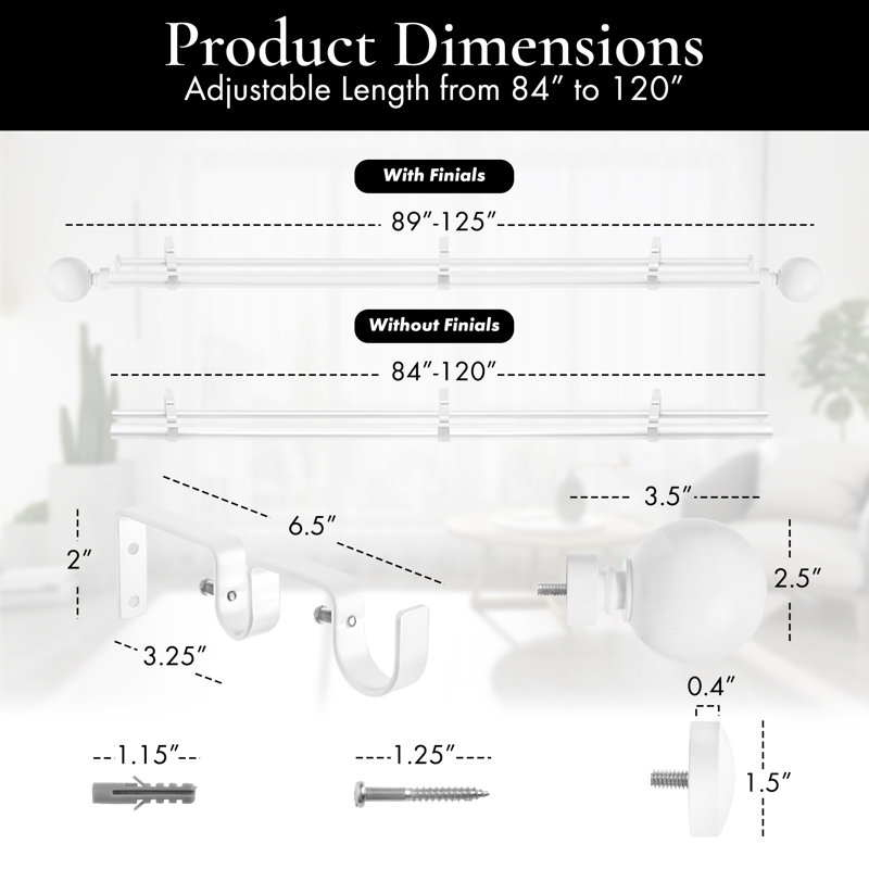 Tringle à rideaux double Eijah, Blanc lustré, 84" - 120"