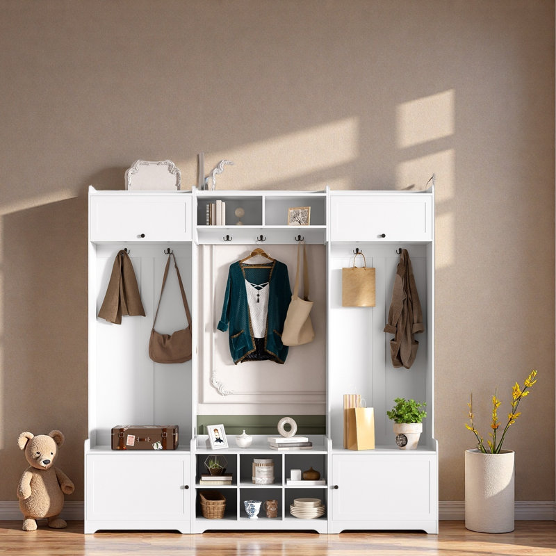 Hall Tree With Bench And Storage Cabinets, Entryway Organizer With Hooks, Seating, And Anti-Tip Kit, Durable Mdf Construction