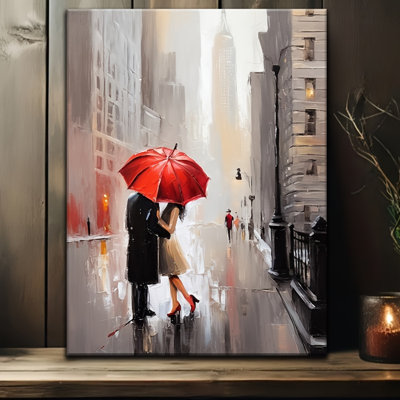Impression sur toile Elegant City Rain Couple Red Umbrella - Urban Studio