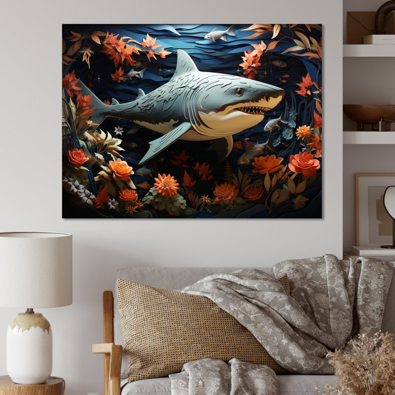 " Blue Shark Silent Hunter Papercut ", 34" H x 44" W x 1.5" D, Wrapped Canvas