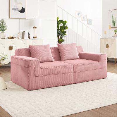 Canapé modulaire à 2 places sans siège, canapé modulaire Cloud avec assise profonde et canapé modulaire moderne à 2 places avec coussins décoratifs Tissu velours côtelé rose