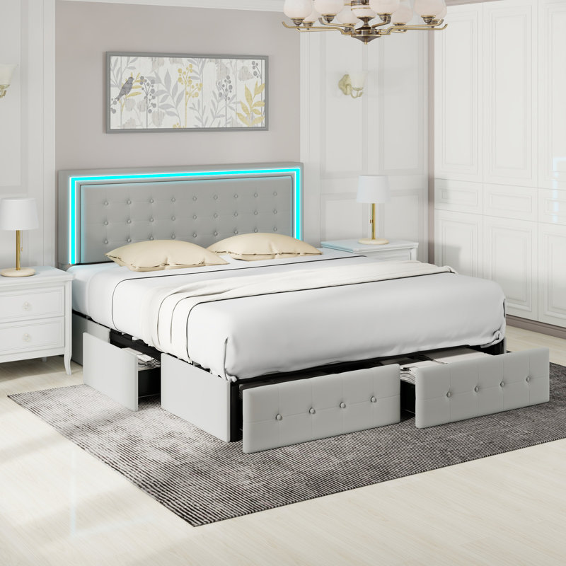 Led Bed Frame With 4 Storage Drawers, Smart Control RGB LED Lights On  Headboard,With Remote Control, Upholstered Adjustable Headbaord
