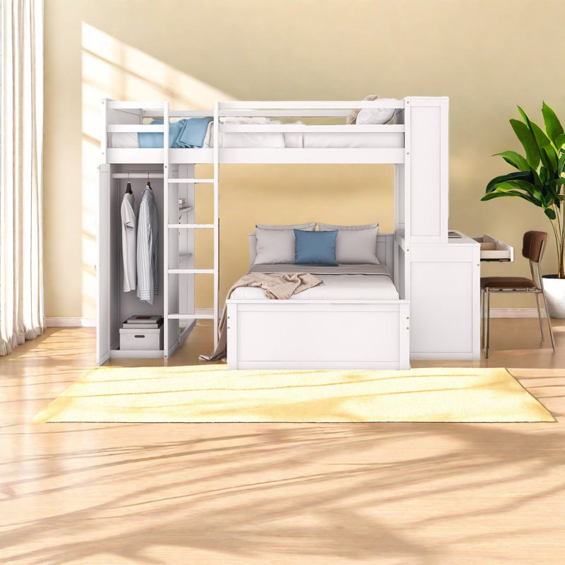 Lit mezzanine multifonctionnel en bois peu encombrant avec bureau, garde-robe et lit simple