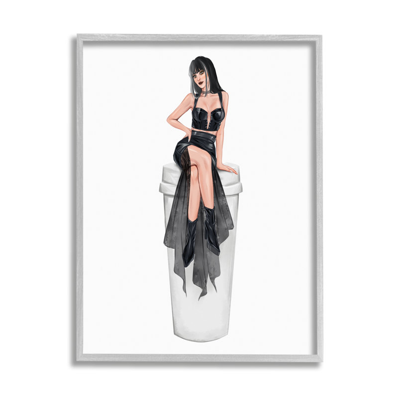 «Fashionable Woman Glam Coffee Cup» par Ziwei Li - impression, H 30 po x l 24 po x P 1,5 po, Toile avec cadre gris