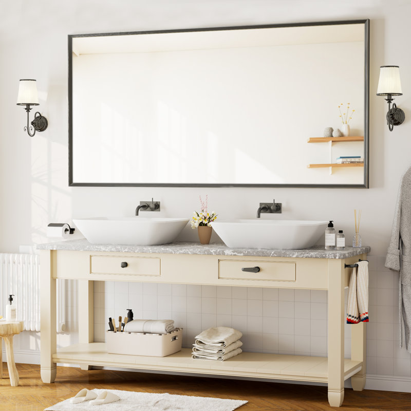 Miroir de salle de bain à bords biseautés, miroir mural en verre trempé avec cadre en aluminium antirouille, pour au-dessus d'un lavabo, dans une chambre ou une entrée.