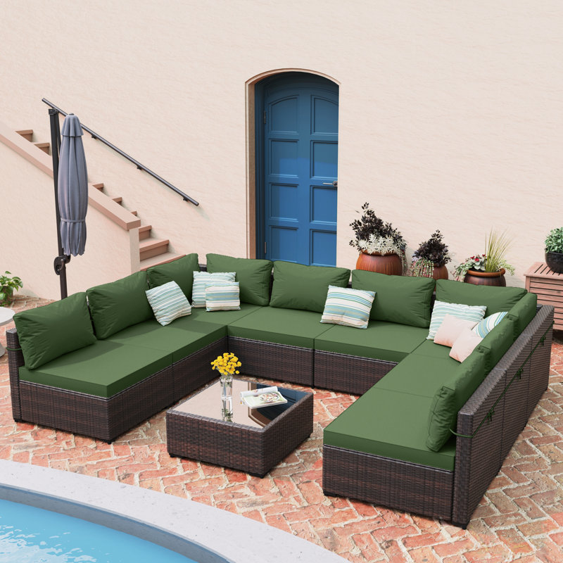 9-piece wicker patio conversation sets with cushions, Green