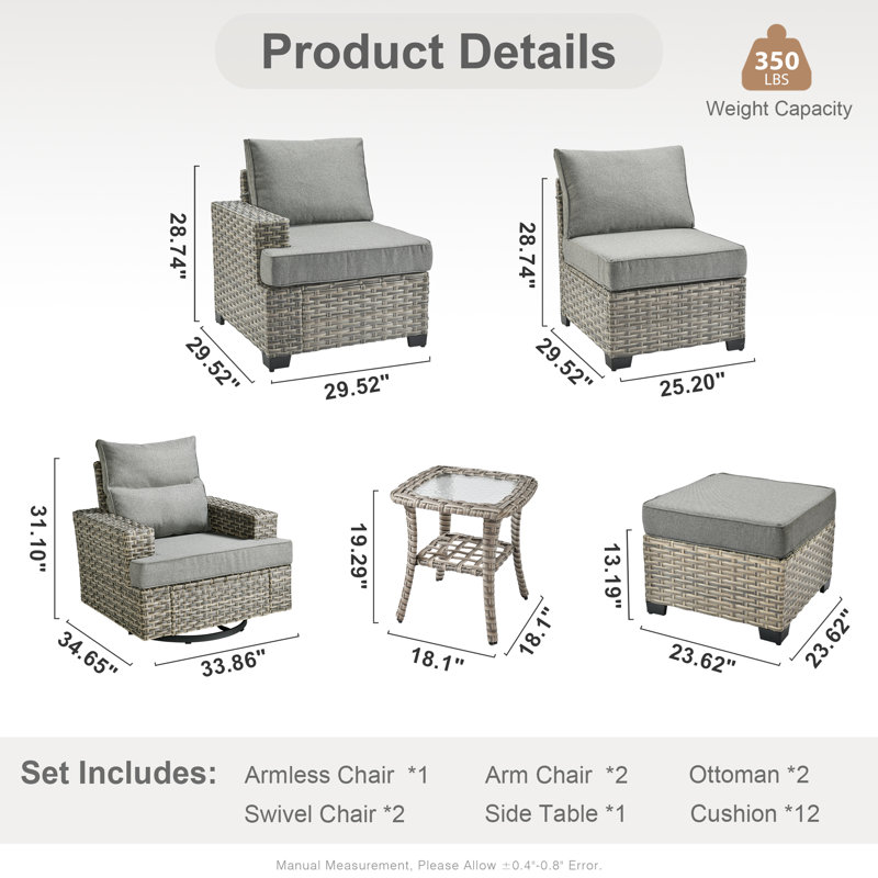 Ensemble de conversation d'extérieur en rotin pour 7 personnes avec chaises berçantes pivotantes, Gris foncé