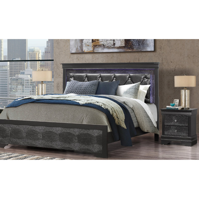 Lit double Shaker gris métallique avec éclairage à DEL, tête de lit rembourrée d'inspiration cristal et motif à l'échelle pour la chambre à coucher