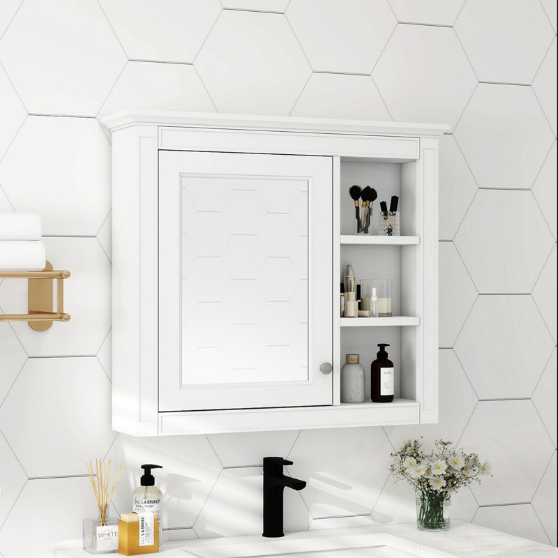 Armoire de rangement murale avec miroir et 3 tablettes ouvertes, Blanc