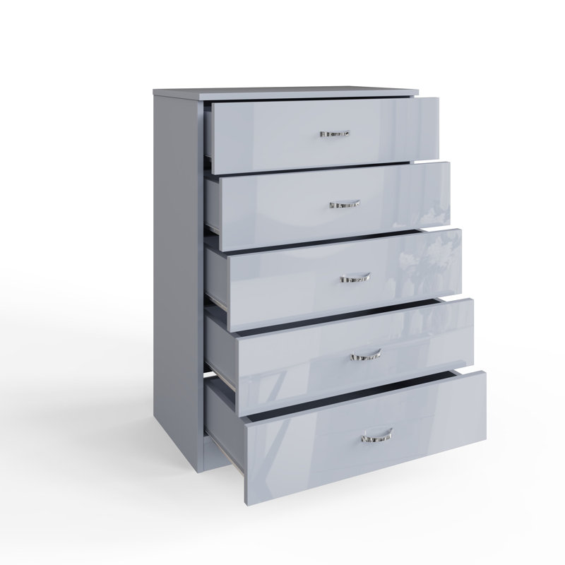 Brendle 5 Drawer Chest Of Drawers: 70cm Wide - High Gloss Front with Chrome Handles, Scratch Resistant., Grey