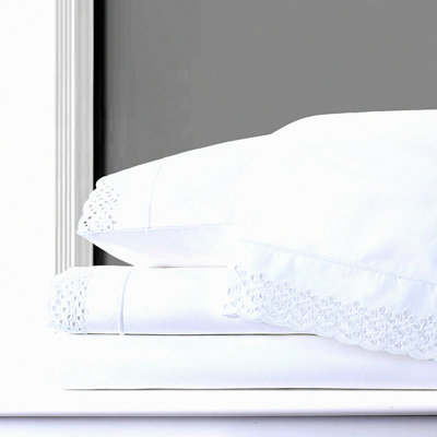 CoolCotton Lace Queen Sheets Set - White Percale Deep Pocket Embroidered Bedding for Hot Sleepers - Crisp Breathable Luxury Linens