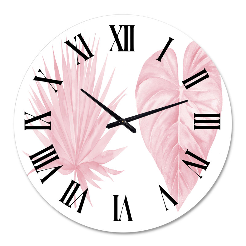 Horloge murale tropicale à feuilles d'aquarelle roses II - Shabby Elegance, Grand
