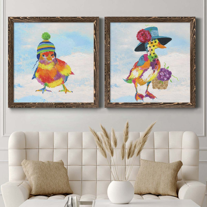 «Groovy Chick and Sky», ensemble de 2 peintures sur toile encadrées, H 31,5 po x l 63 po x P 1,5 po, Encadré de bois de noyer
