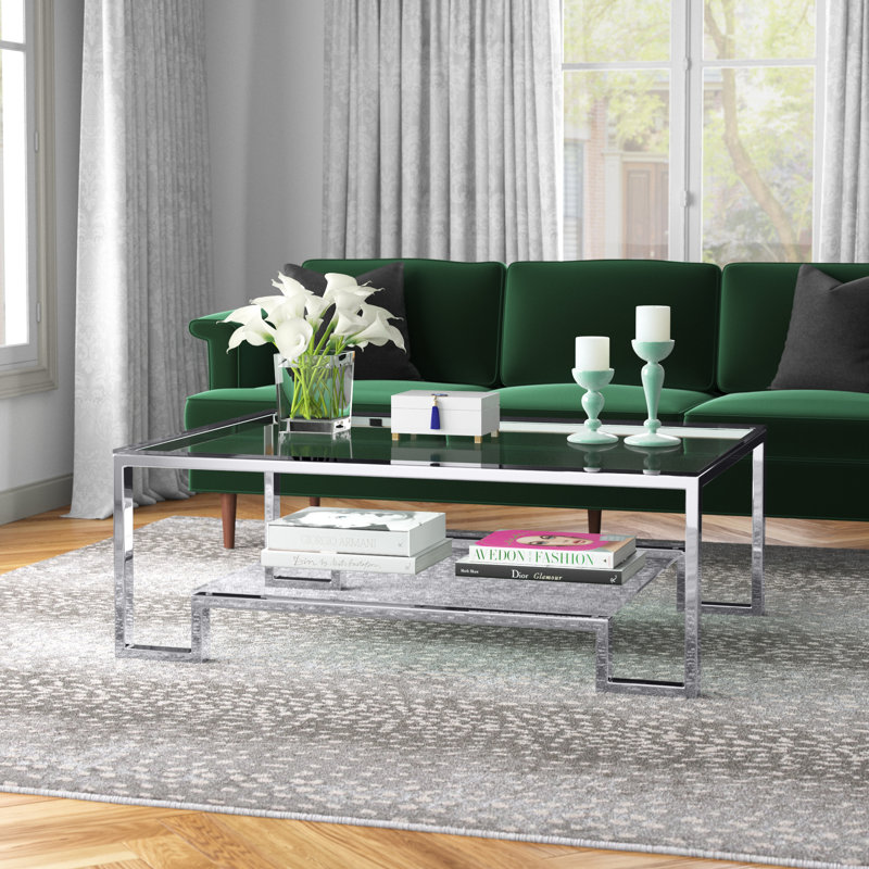 Declan Glass Top Single Coffee Table, 18" H x 50" W x 36" D, High Polish Steel