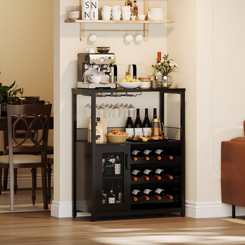 3-Tier Wine Bar Cabinet with LED Lights, Black