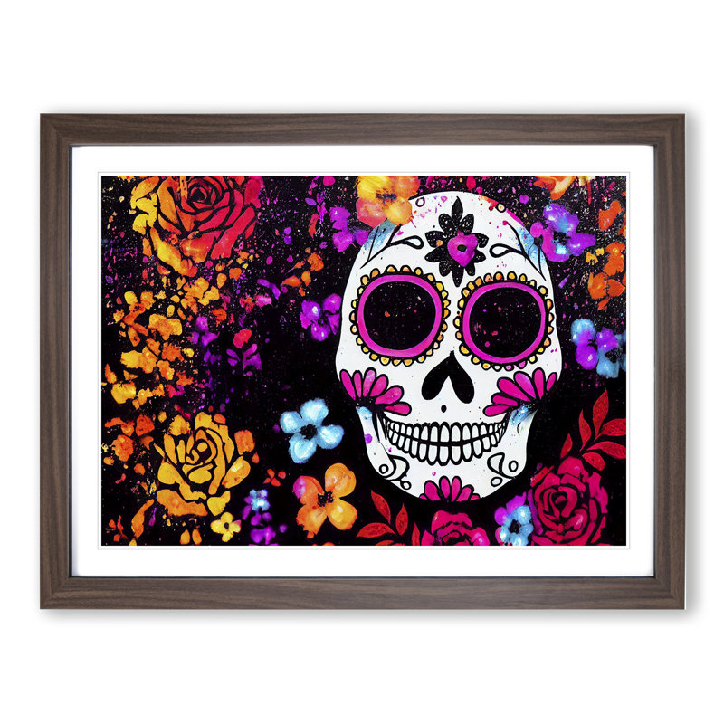 XH1022-7087X Positive Floral Sugar Skull - Single Picture Frame Print, 34cm H x 46cm W x 2cm D, Walnut Framed